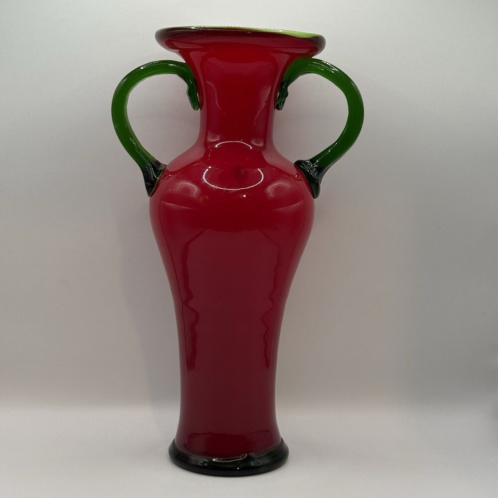 Handblown Red Glass Vase Applied Green Glass Handles 10.5”